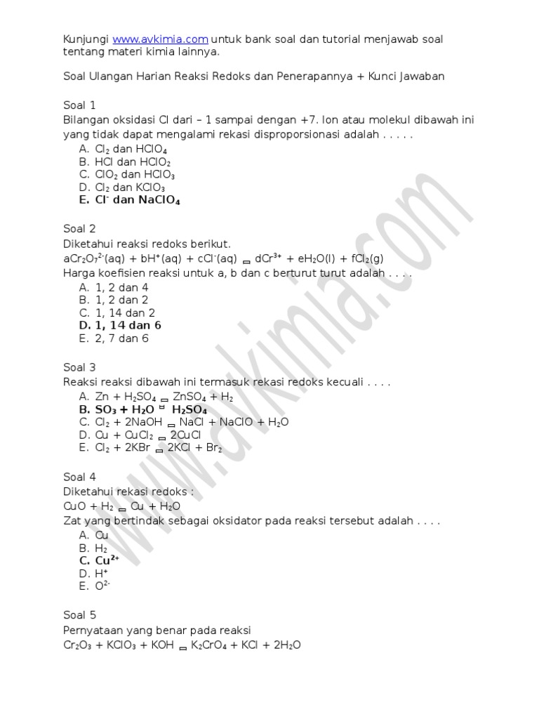 Soal Ulangan Harian Reaksi Redoks Dan Penerapannya
