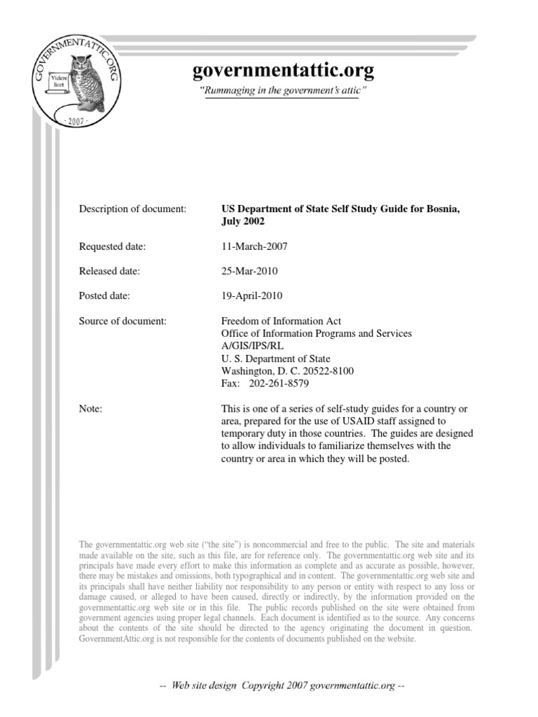 US Department of State Self Study Guide For Bosnia, July 2002 | PDF