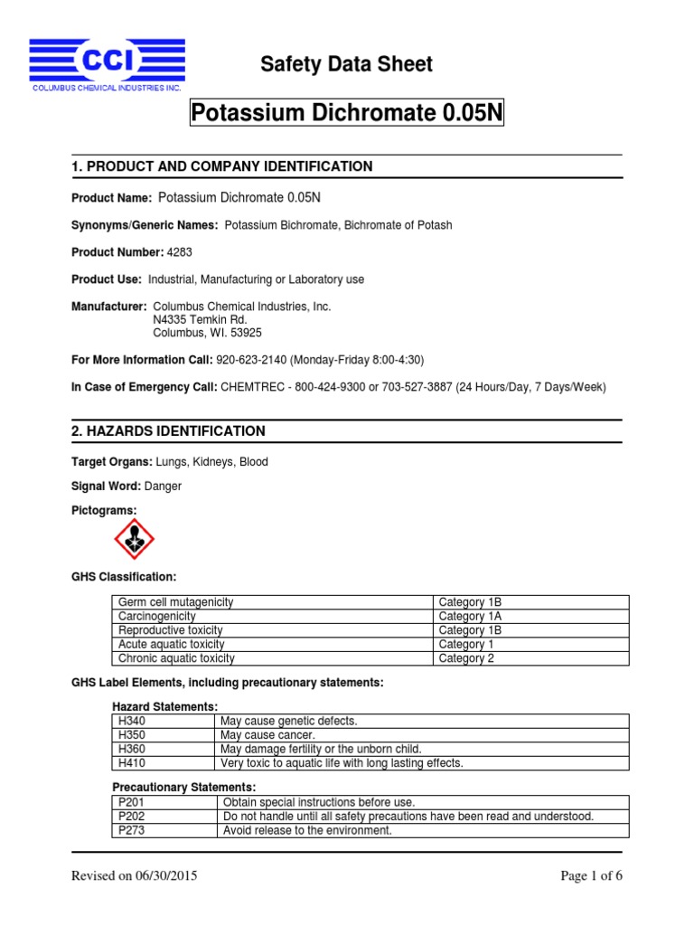 Safety Data Sheet for Potassium Dichromate 0.05N Solution Hazards