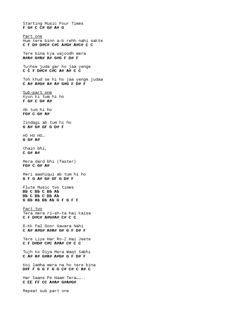 Tum Hi Ho Piano Notes With Lyrics