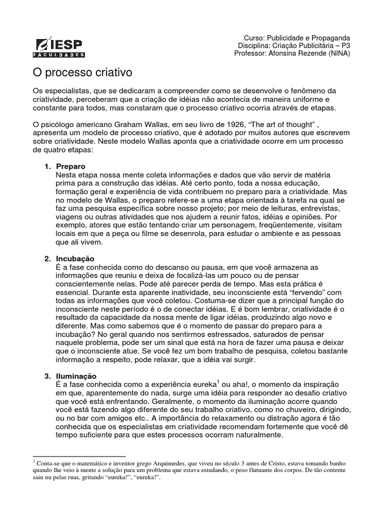 As quatro etapas do processo criativo segundo o modelo de Graham Wallas ...