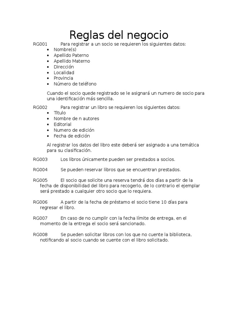 Reglas del negocio