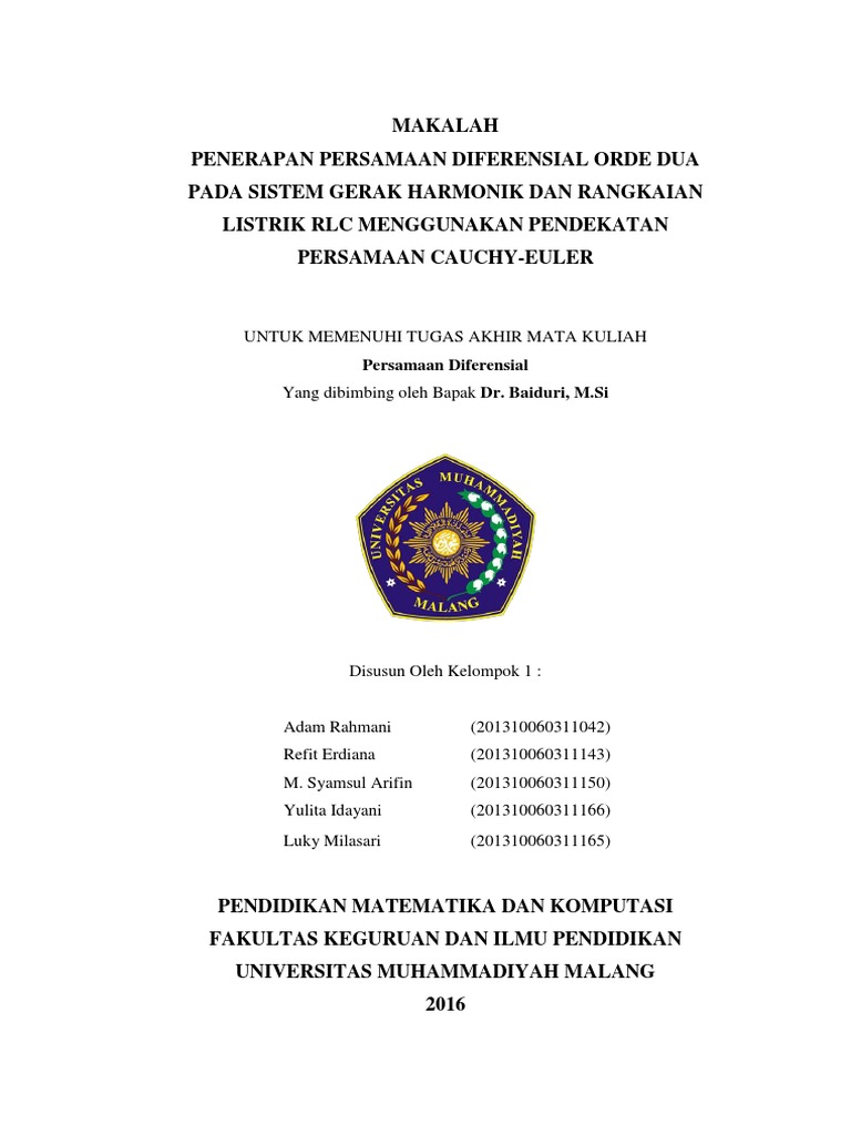 Makalah penerapan persamaan diferensial orde dua pada sistem gerak