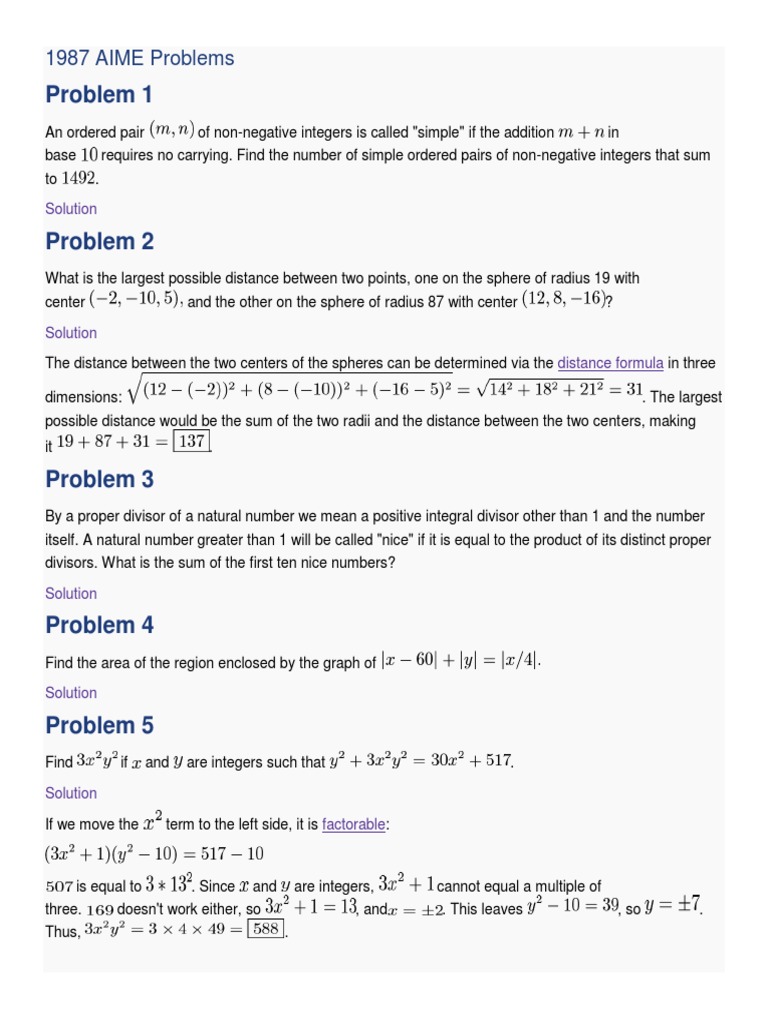 1987 AIME Problems PDF Area Sphere
