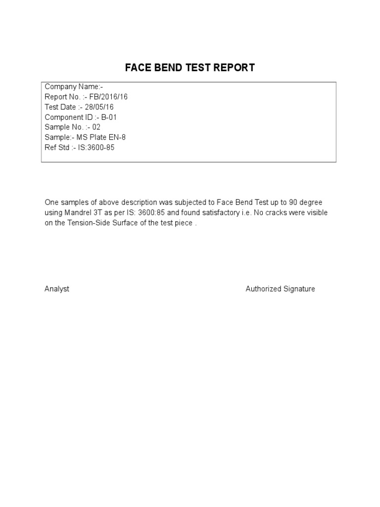 Face Bend Test Report FB/2016/16 | PDF