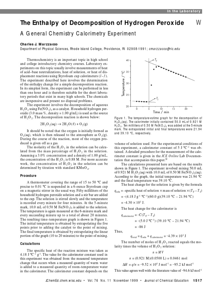 Enthalpy of Hydrogen Peroxide Decomposition | PDF | Hydrogen Peroxide ...