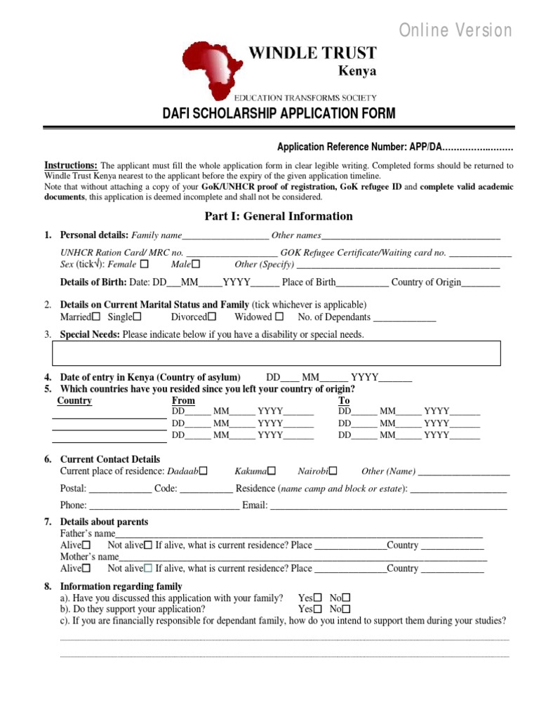 DAFI 2015 Scholarship Application Form Online PDF