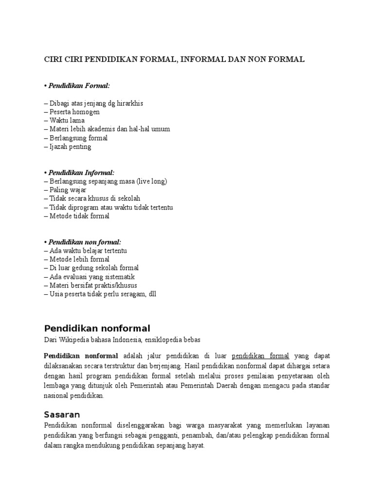 Ciri Ciri Pendidikan Formal Informal Dan Non Formal