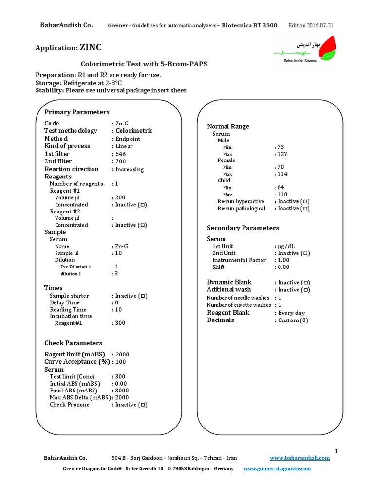 Zinc Colorimetric Test Guidelines | PDF