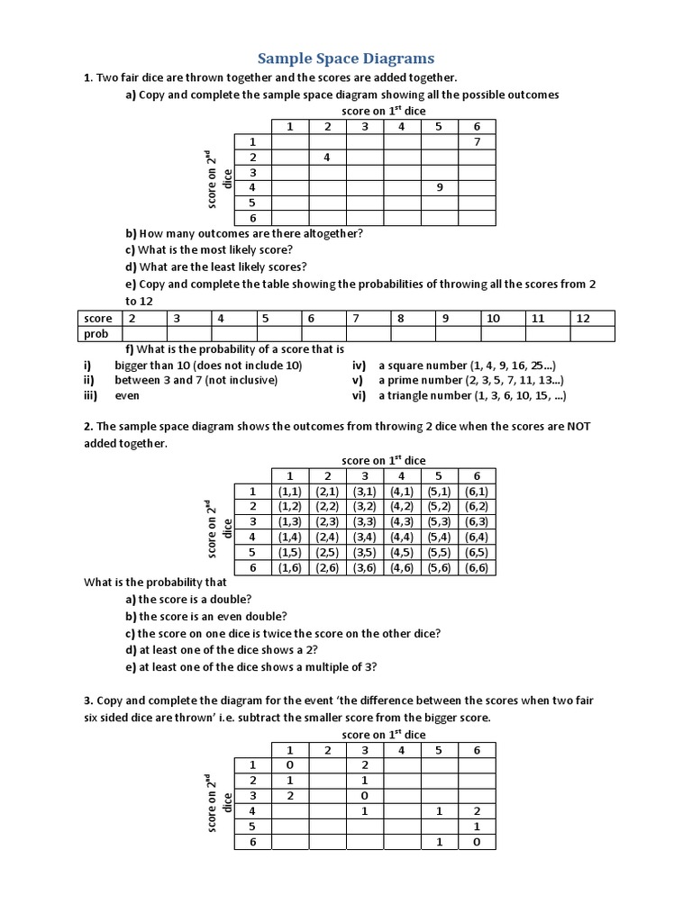 Sample Space Diagrams for Dice Rolls | PDF | Dice | Probability