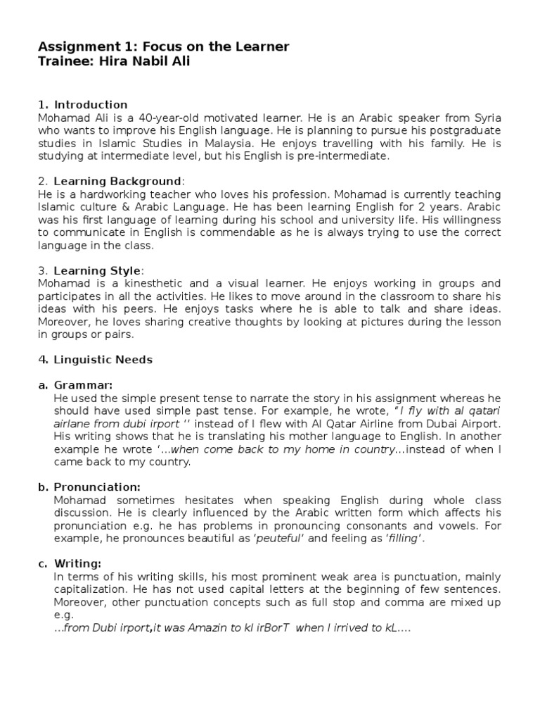 CELTA Assignment: Focus on Mohamad's Learning | PDF | Language Arts ...