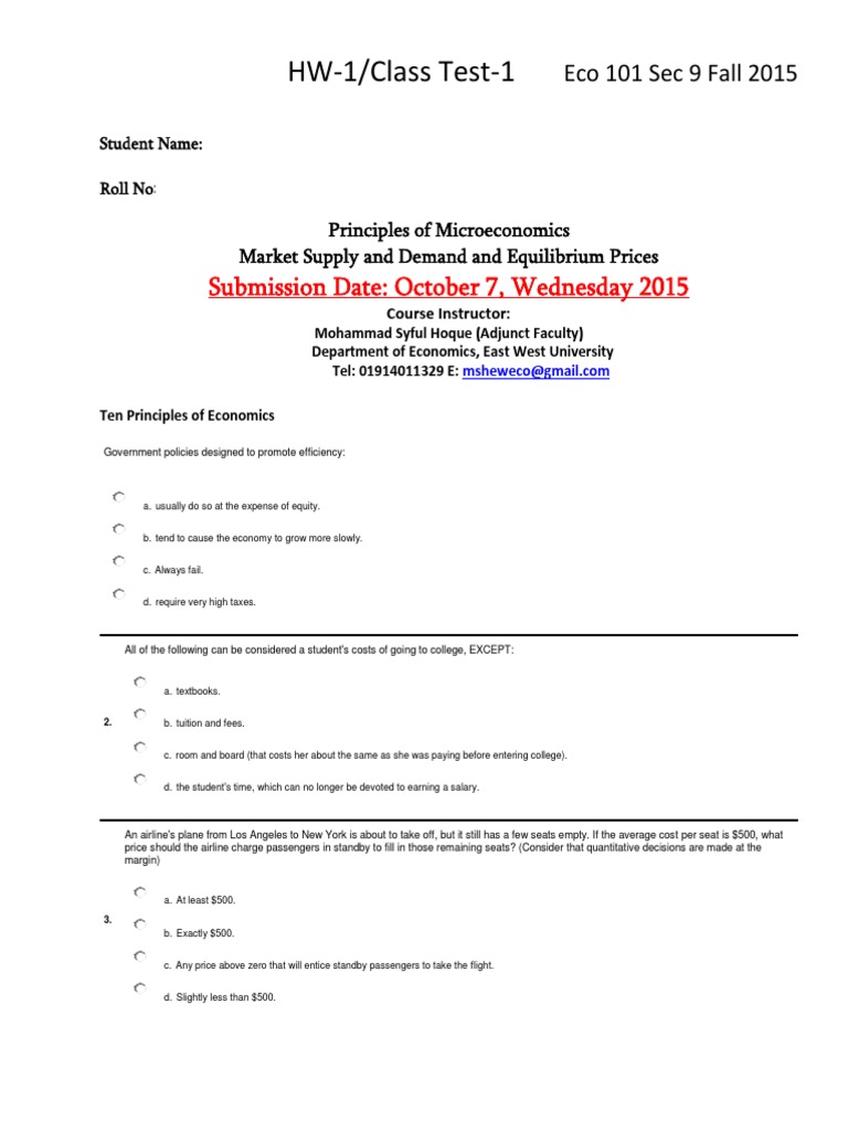 P.microeconomics Quizz 1 PDF Economic Model Inflation