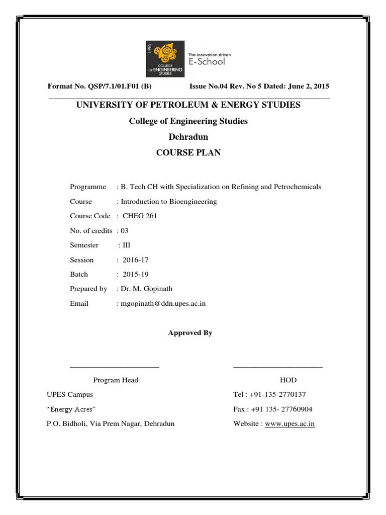 CoES Course Plan Introduction To Bioengineering Final PDF