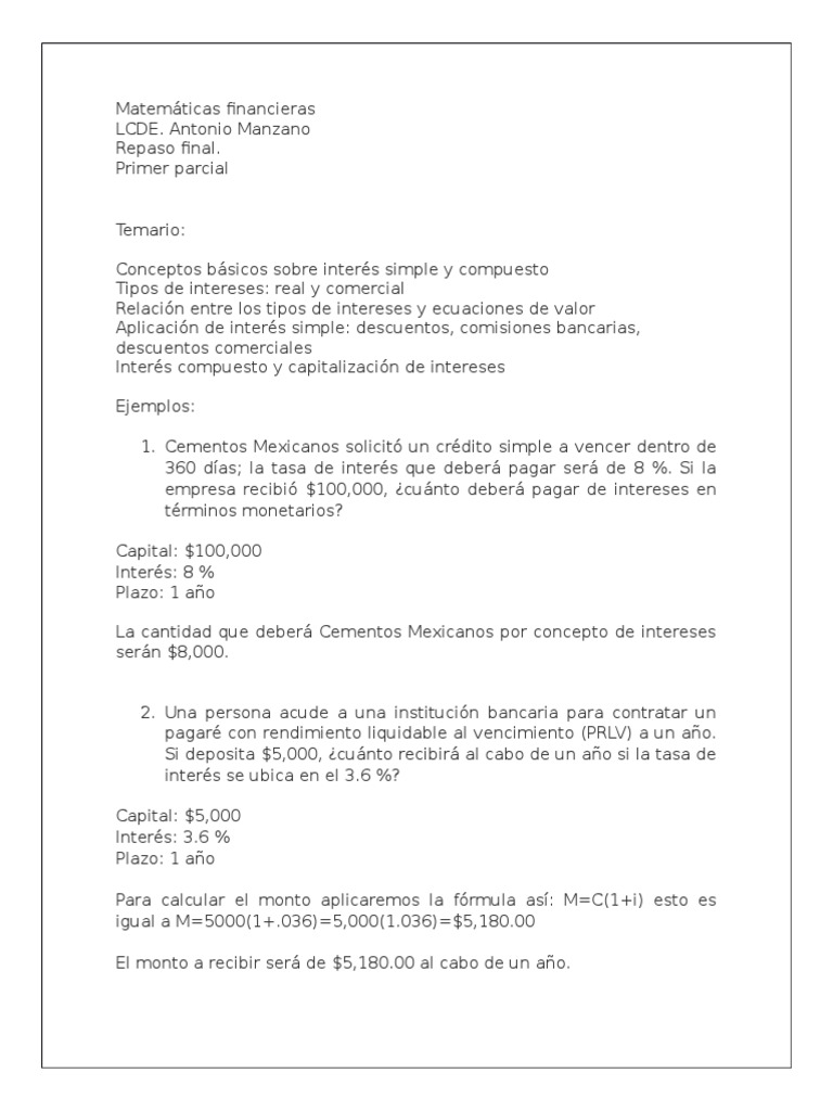 Repaso Final Matemáticas Financieras | PDF | Finanzas Matemáticas | Interés