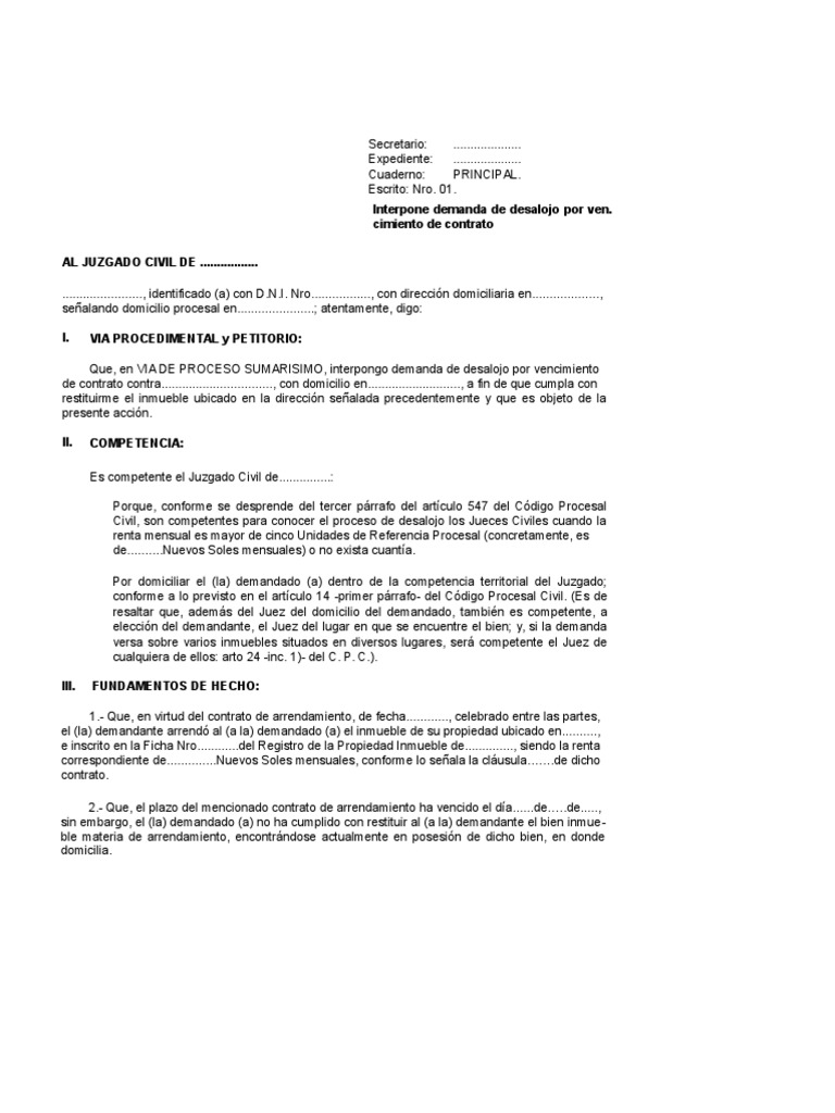 Modelo Desalojo Por Vencimiento De Contrato Demanda Judicial