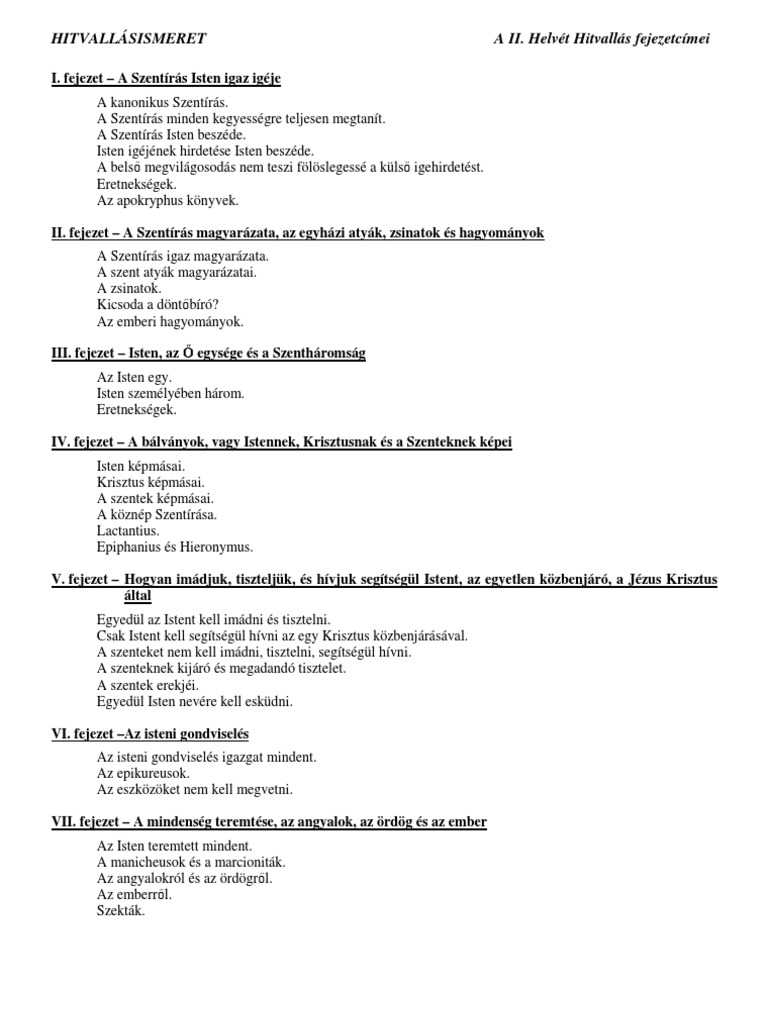 II. Helvét Hitvallás Fejezetcímei | PDF