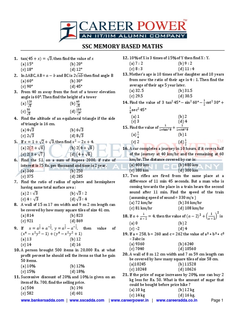 SSC Memory Based Maths PDF | PDF