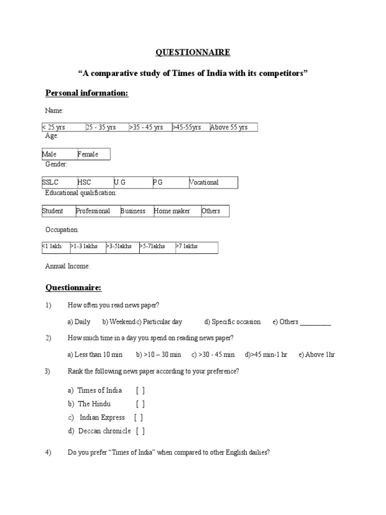 QUESTIONNAIRE A Comparative Study of Tim | PDF | News | Public Sphere