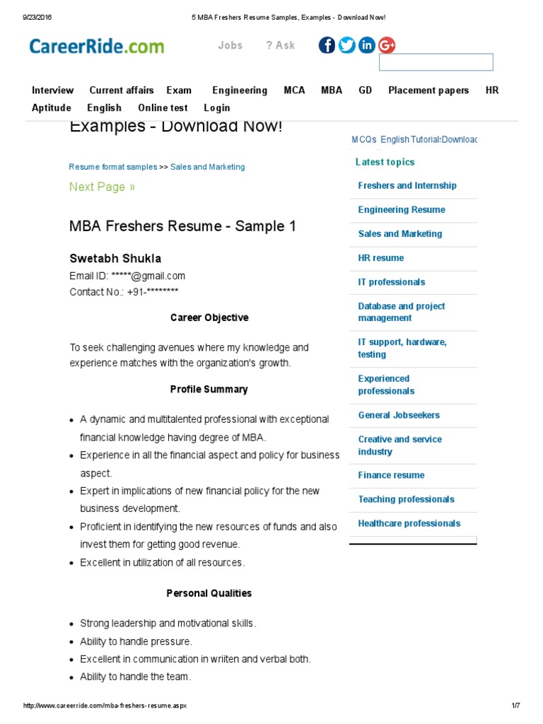 resume template for mba freshers