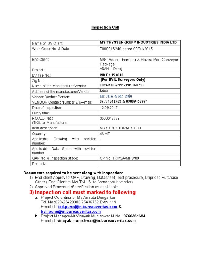 Inspection Call Format for BV Clients | PDF | Computers