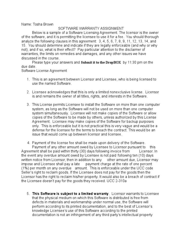 Software Warranty Assignment PDF License Implied Warranty