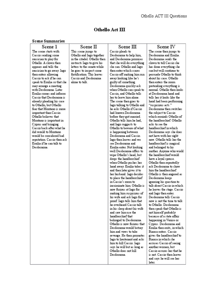 Othello Act III Summary and Questions | PDF | Mystery, Thriller & Crime ...