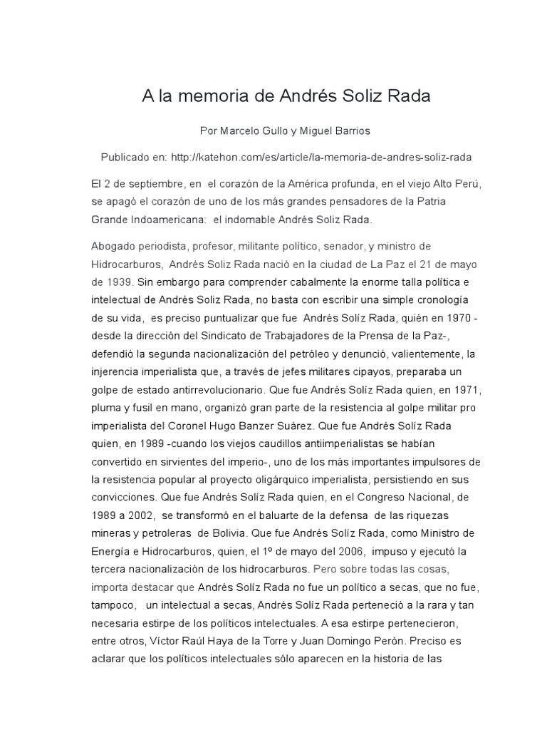 A La Memoria de Andrés Soliz Rada PDF Bolivia Nación