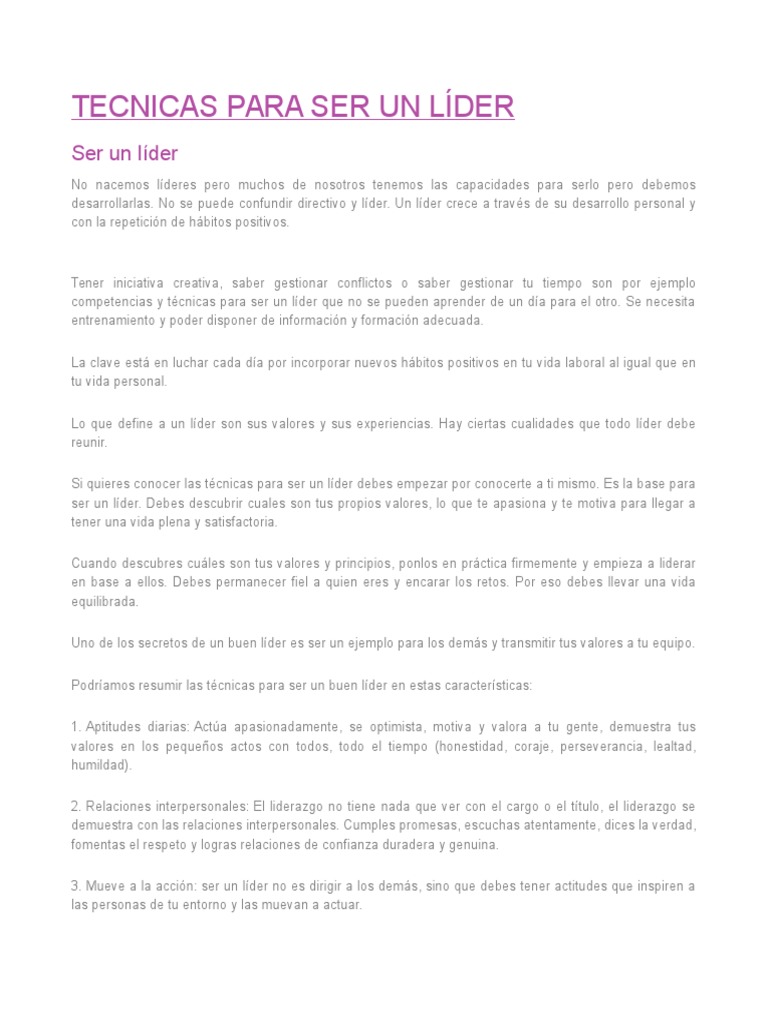Tecnicas para Ser Un Buen Lider | PDF | Liderazgo | Conceptos psicologicos