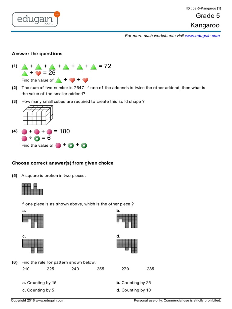 Grade 5 Canadian Math Kangaroo Contest Sample Paper PDF Teaching Mathematics Science