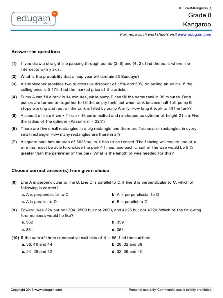Grade 8 Canadian Math Kangaroo Contest Sample Paper Volume Geometry
