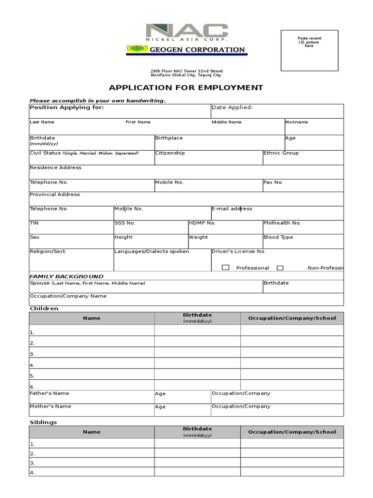 NAC Application Form Government Politics