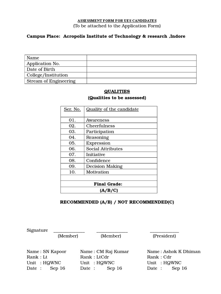 UES Candidate Assessment Form | PDF | Technology & Engineering