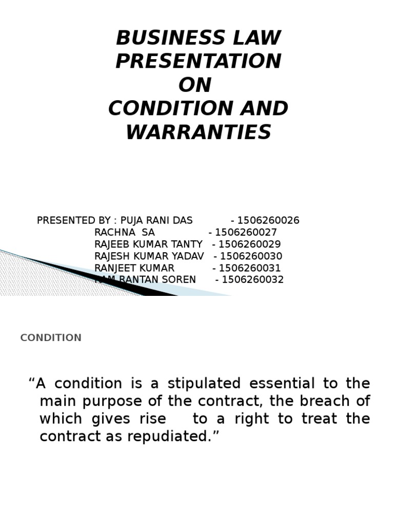 Conditions and Warranties Breach Of Contract Implied Warranty