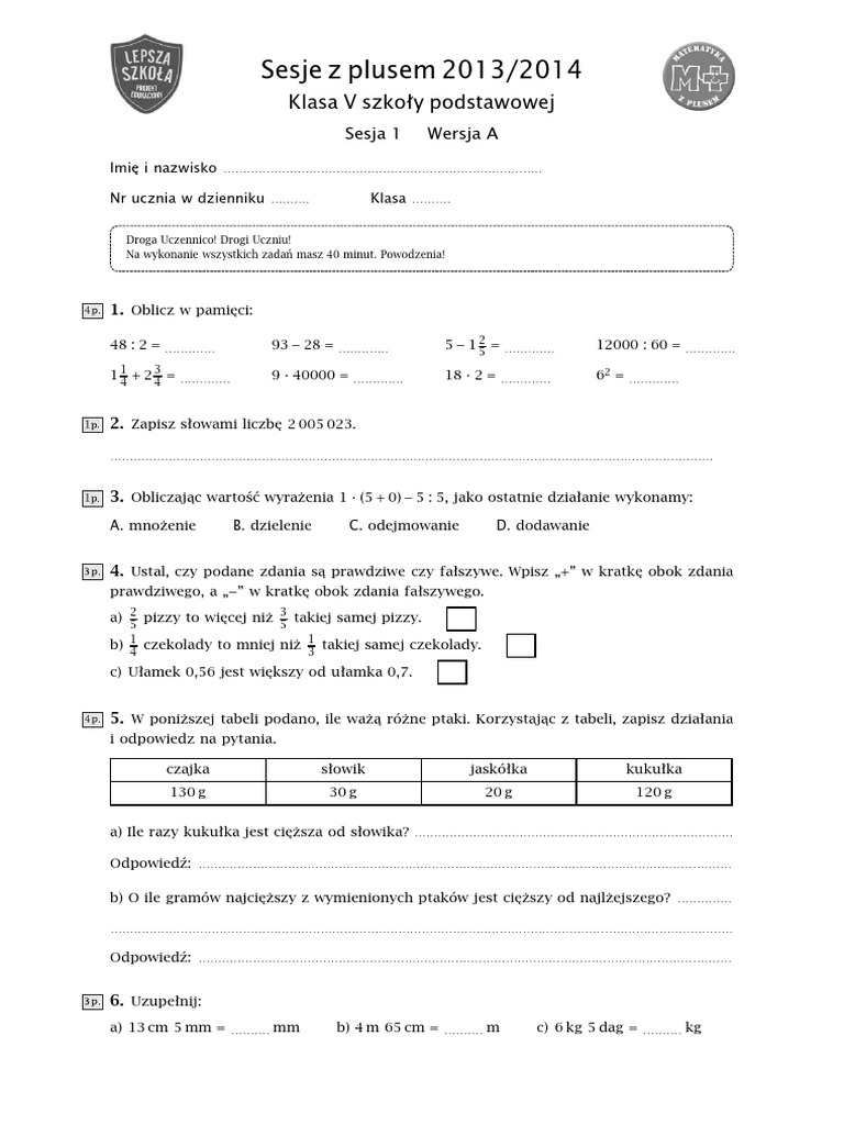 Matematyka Sesja Z Plusem Klasa 5
