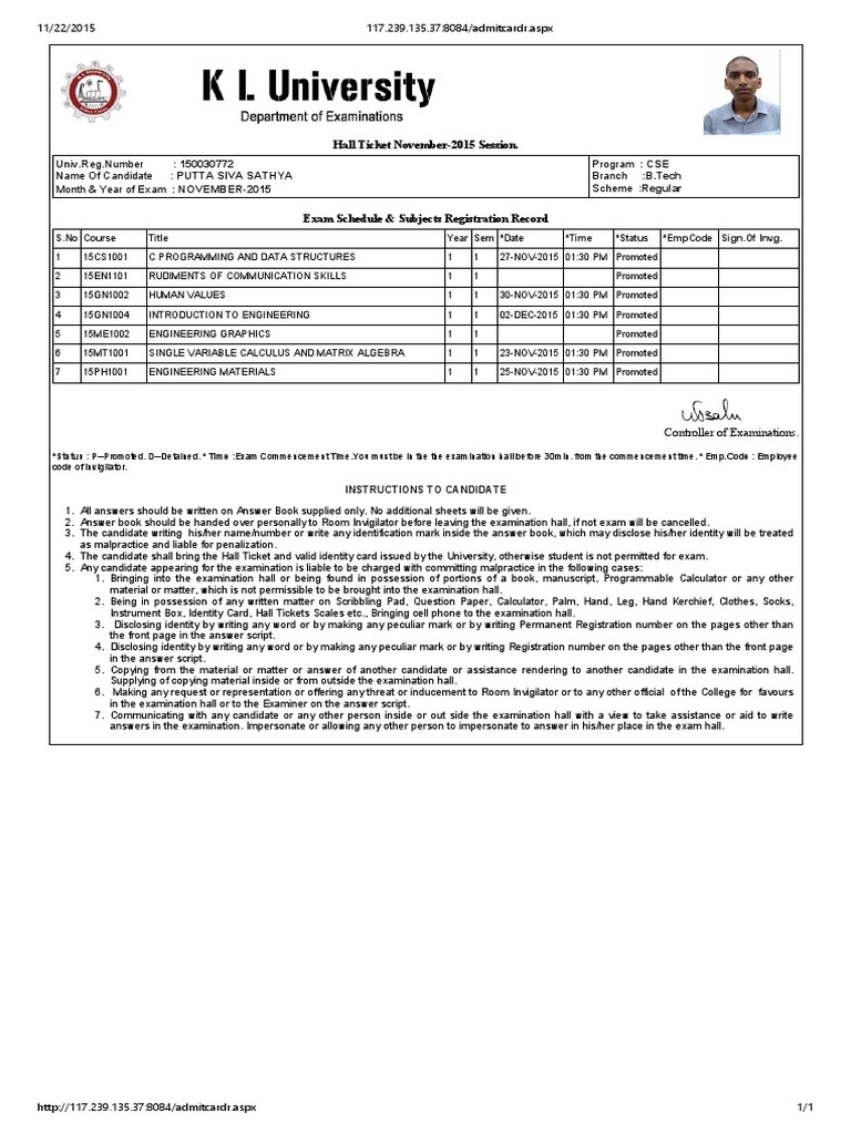 November 2015 Exam Hall Ticket Details | PDF | Technology & Engineering