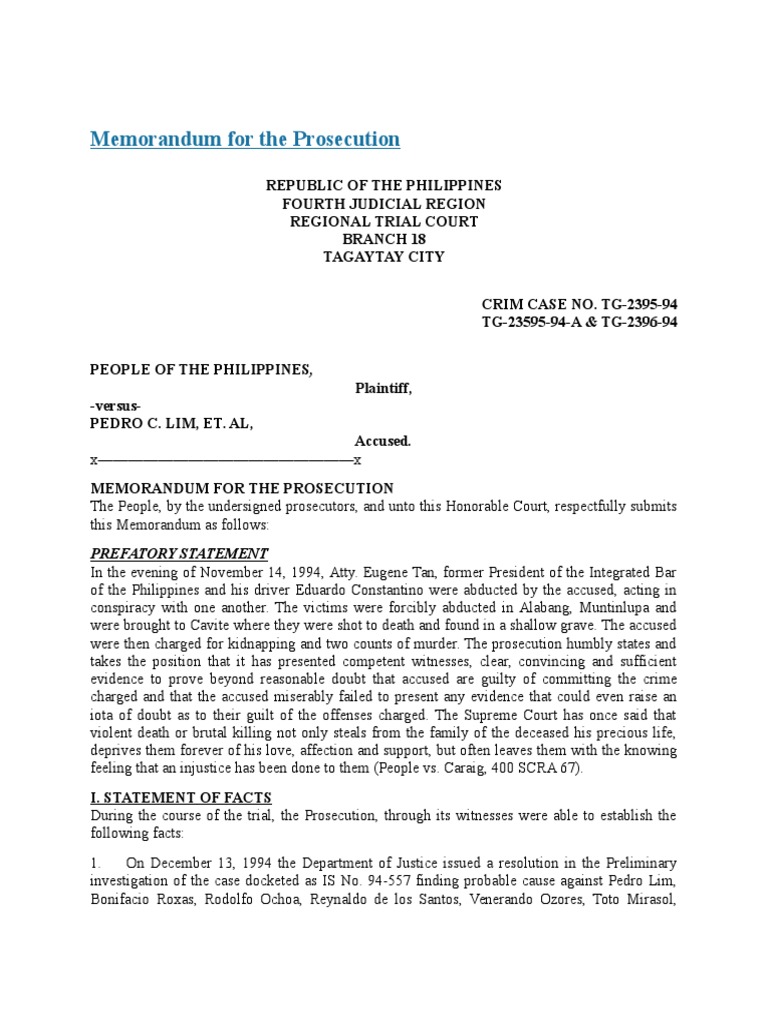 Prosecution Memorandum: People vs. Lim | PDF | Conspiracy (Criminal ...