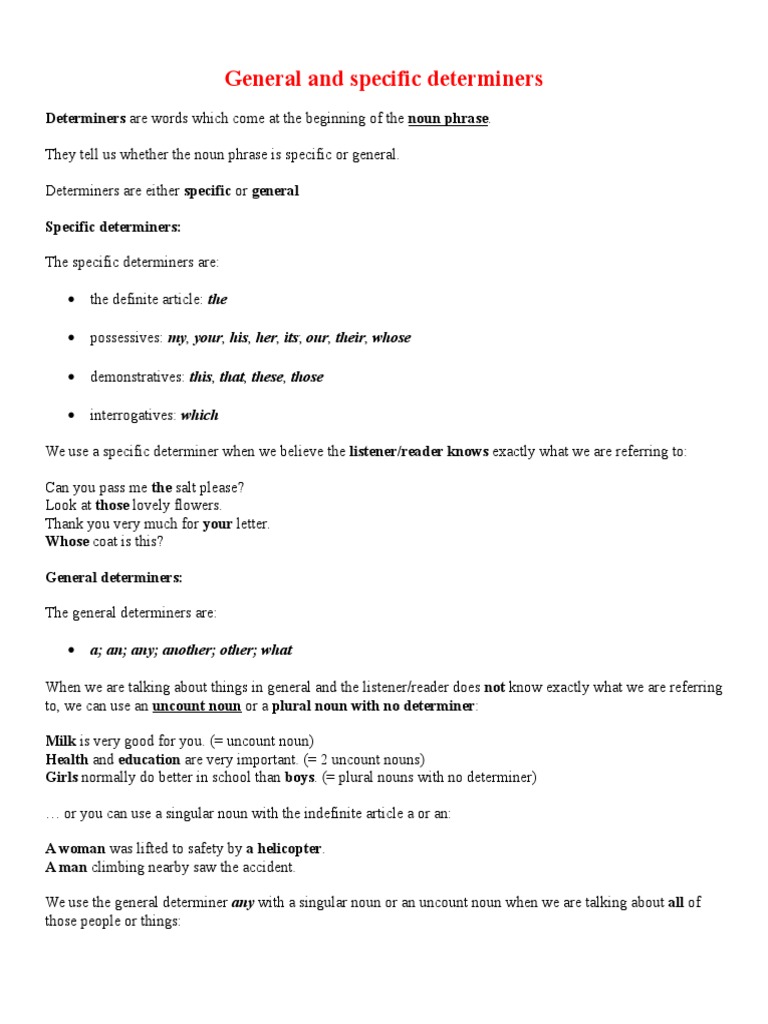Understanding General and Specific Determiners | PDF