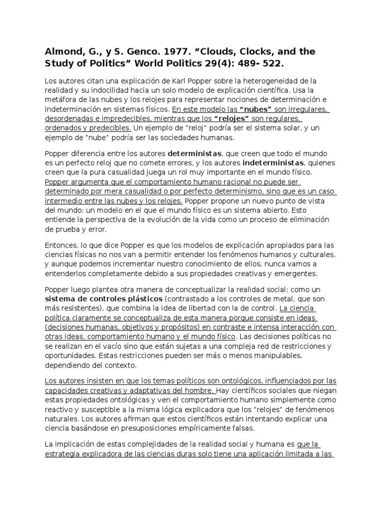 Almond Clouds, Clocks, and The Study of Politics PDF Ciencias