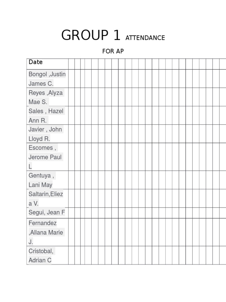 Group 1: Attendance For Ap Date | PDF