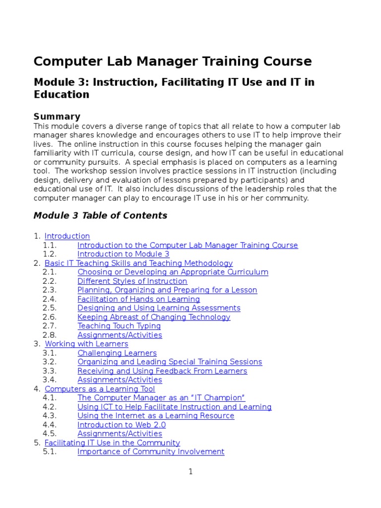 Computer Lab Manager Training Module 3 Instruction, Facilitating IT Use and IT in Education
