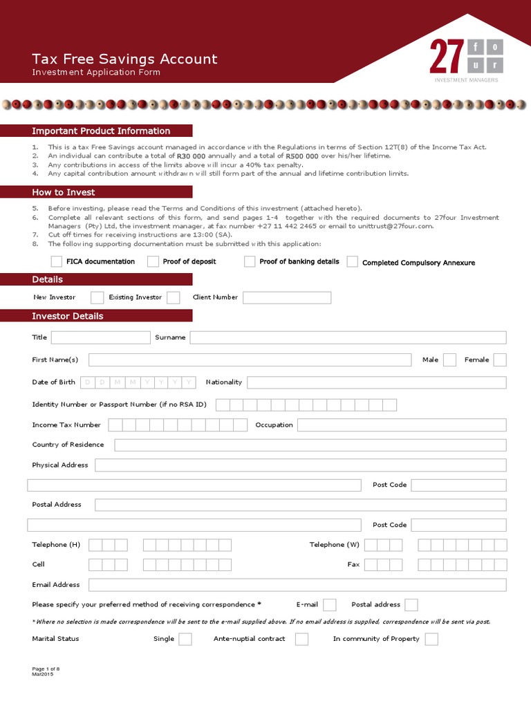 Tax Free Savings Account: Investment Application Form | Investment Fund ...