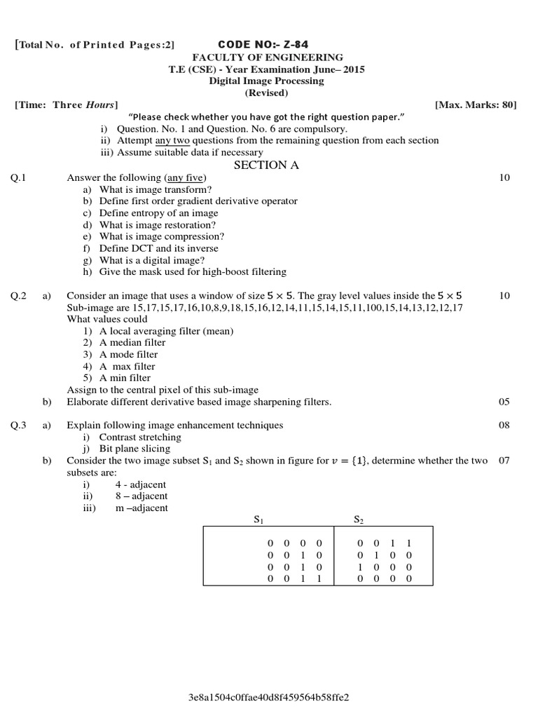 Digital Image Processing Exam Paper 2015 | PDF | Teaching Methods ...