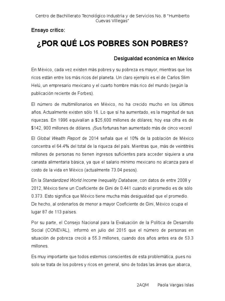 Ensayo ¿Porqué los pobres son pobres? (Desigualdad económica en México) Poverty Poverty