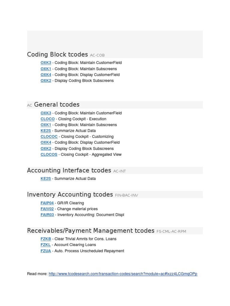 SAP Coding Block Tcodes Overview | PDF | Computers | Technology ...