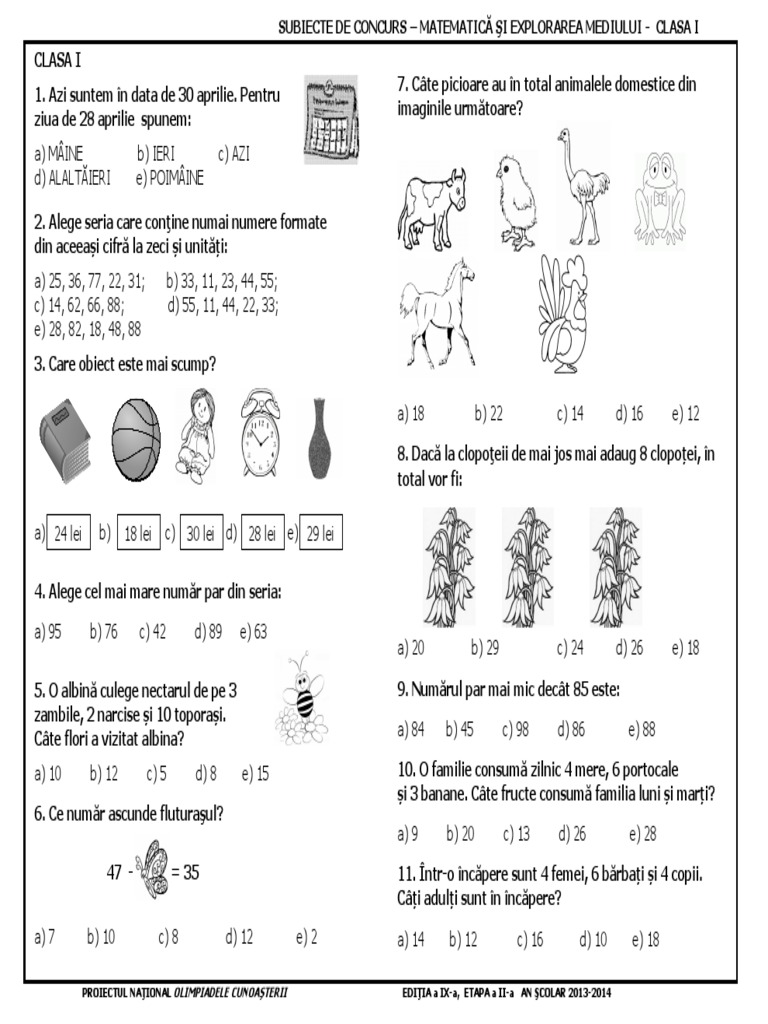Subiecte Matematica Clasa 1 | PDF