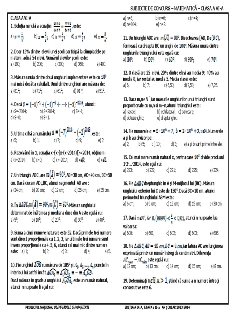Subiecte Matematica Clasa 6 PDF | PDF