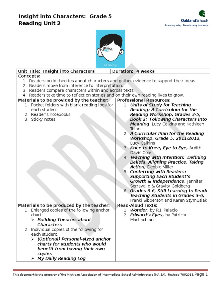 Grade 5 Character Analysis Unit | PDF | Reading (Process) | Curriculum