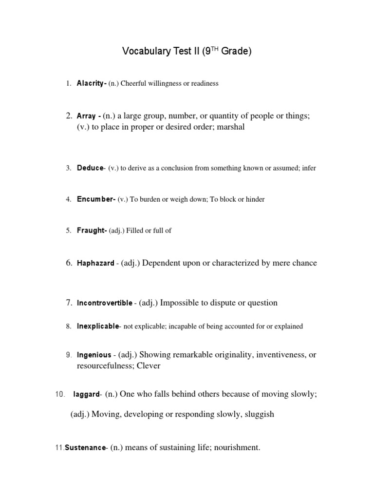 vocabulary test grade 9 pdf