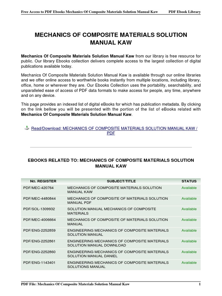 Mechanics Of Posite Materials Solution Manual Kaw Pdf E Books Digital Technology