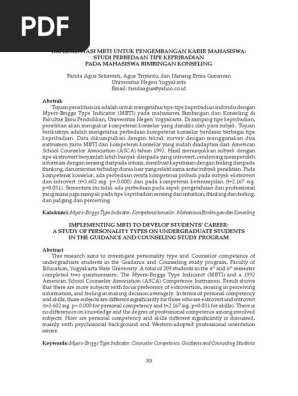 Implementasi Mbti Untuk Pengembangan Karir Mahasiswa Studi Perbedaan Tipe Kepribadian Pada Mahasiswa Bimbingan Konseling Pdf